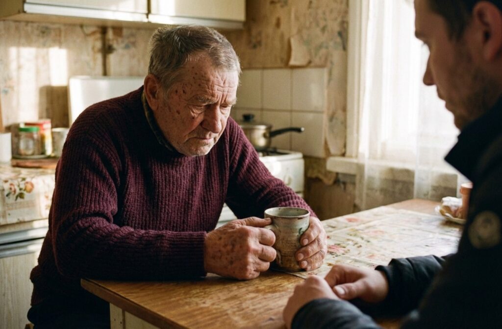 Elderly person sitting at a kitchen table clasping a mug while engaging in a serious conversation with another adult.