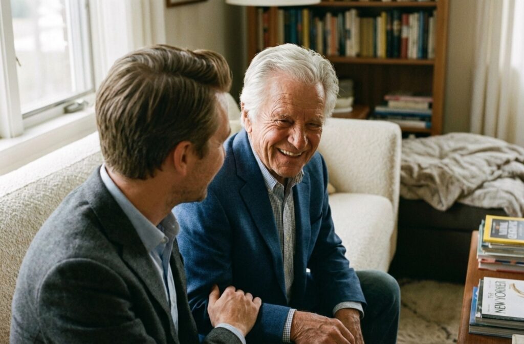 A younger adult leans in to listen to a laughing senior person in a sunlit living room.