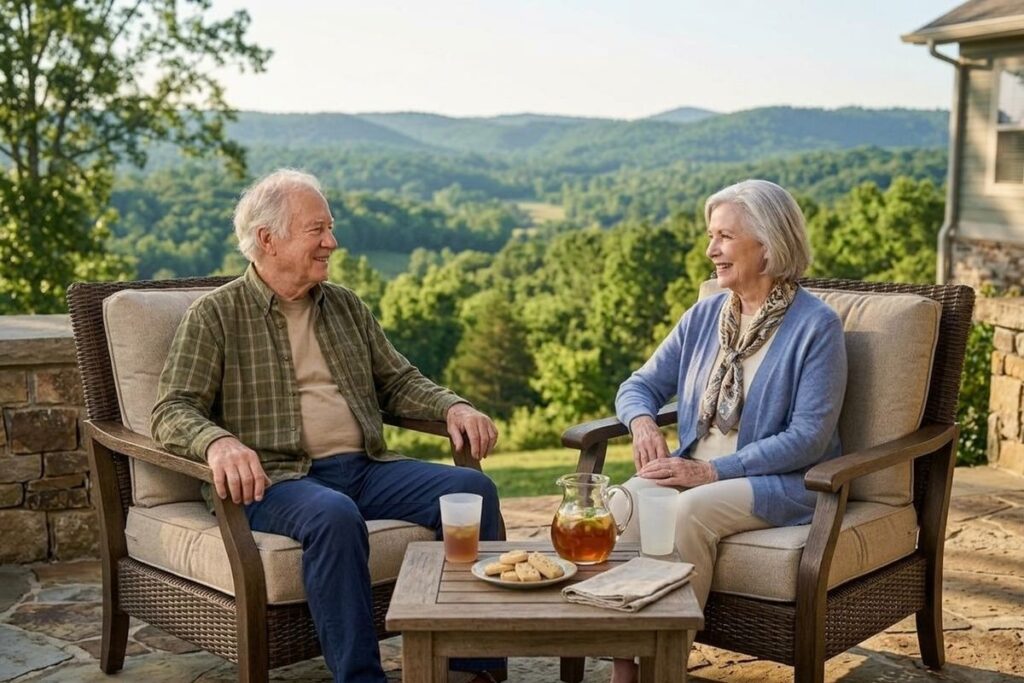 Two older adults smile at each other while relaxing on a patio with snacks and iced tea overlooking green hills.