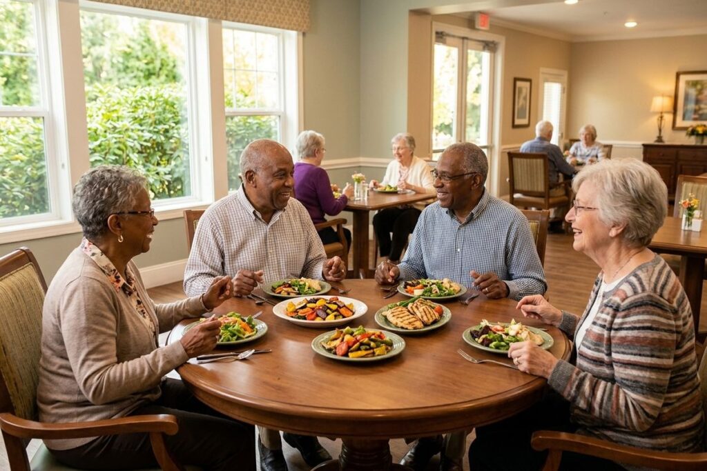 Four smiling older adults sit at a round table in a dining room, conversing while eating a meal.