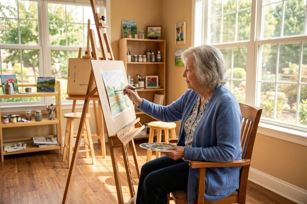 An older adult sits painting a landscape on a wooden easel, holding a brush and palette.