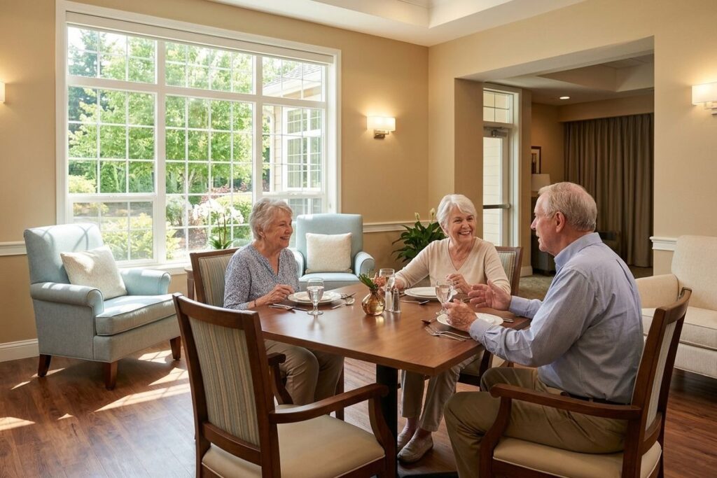 Three smiling older adults sit around a dining table, talking in a bright room with large windows.