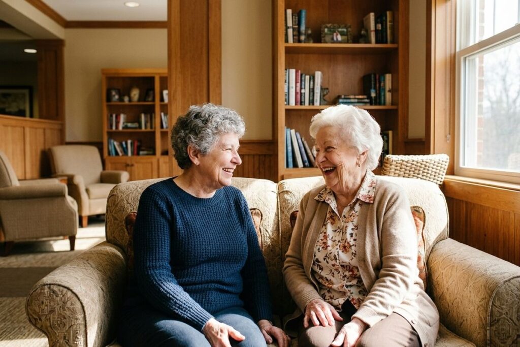 Two older adults sit on a couch in a room, looking at each other and smiling.
