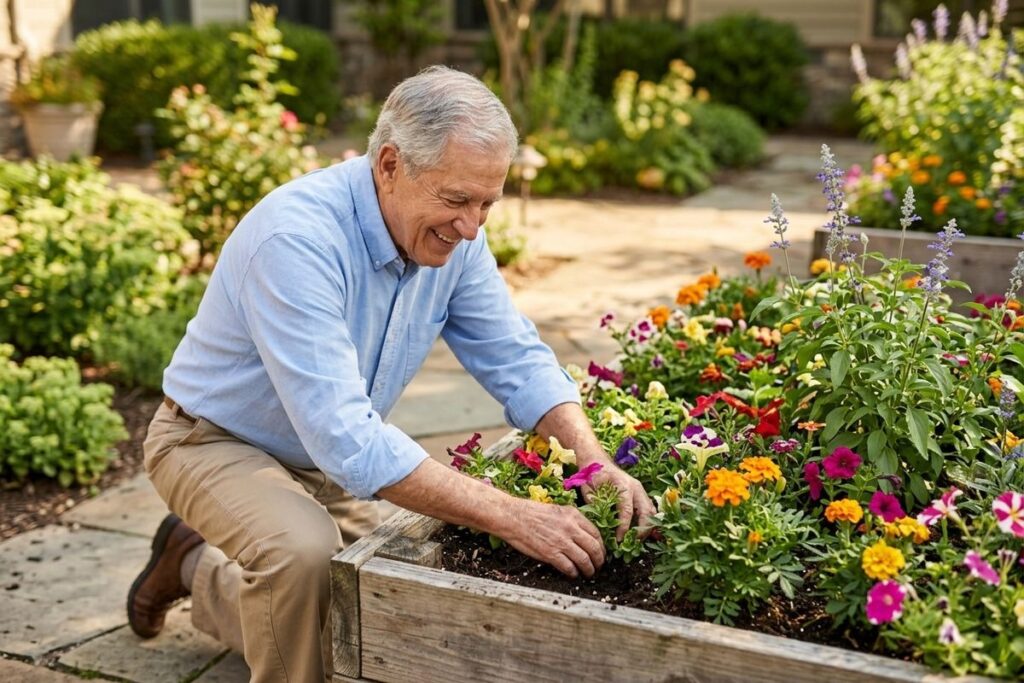 An older adult kneels on a patio while tending to flowers in a raised garden bed.